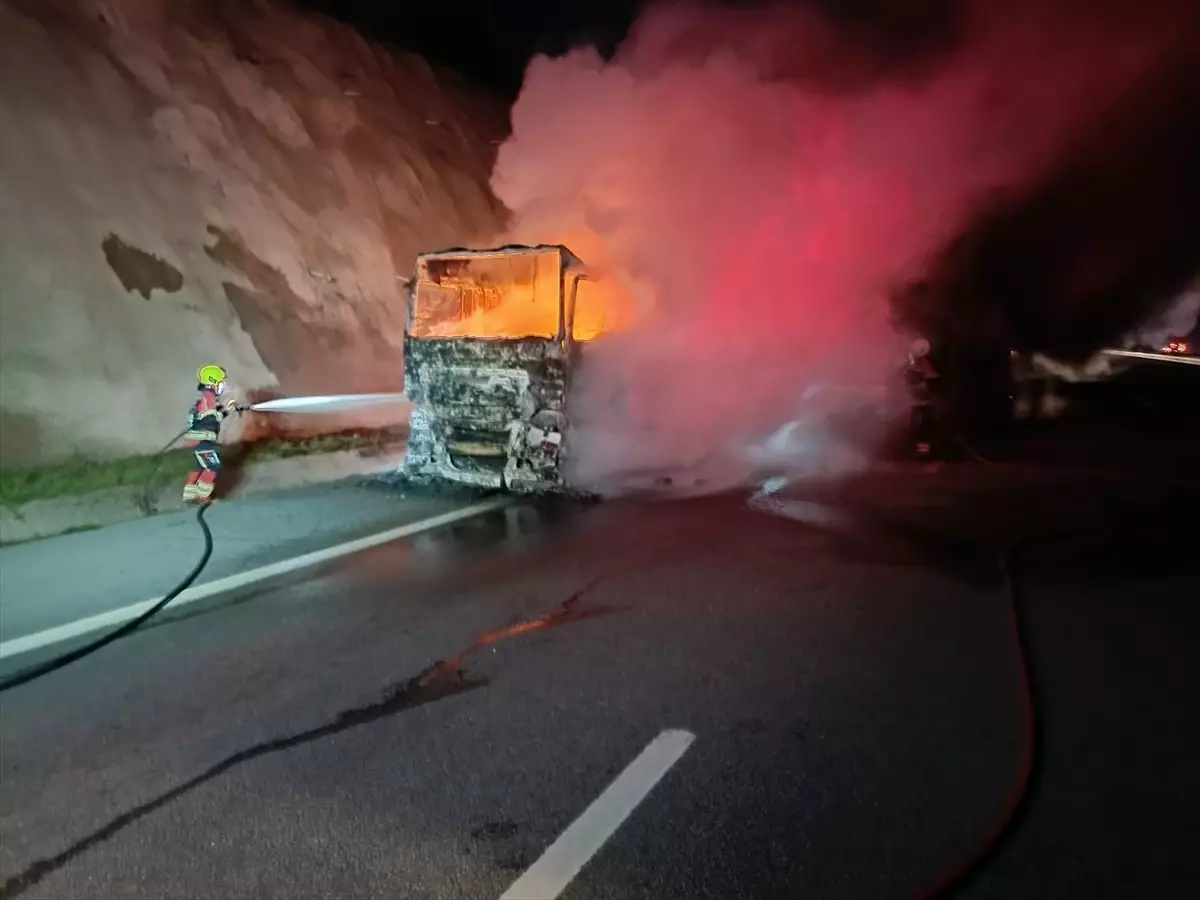 Otoyolda Kauçuk Yüklü Tır Alev Alev Yandı!